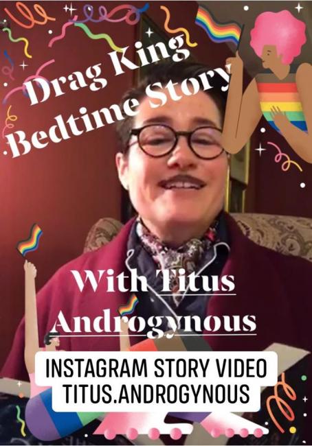 QueerEvents.ca - virtual event listing - drag king bedtime story poster
